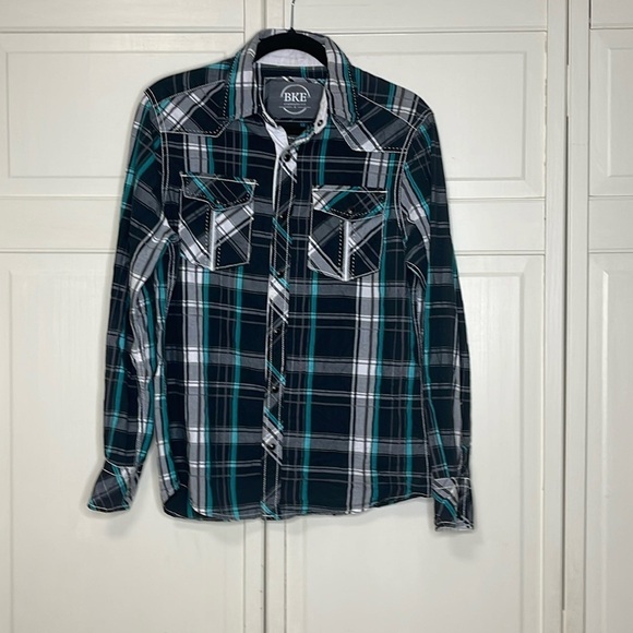 BKE Men’s Western Snap Up Plaid Shirt Black and Blue Size Small Standard Fit - Picture 1 of 7